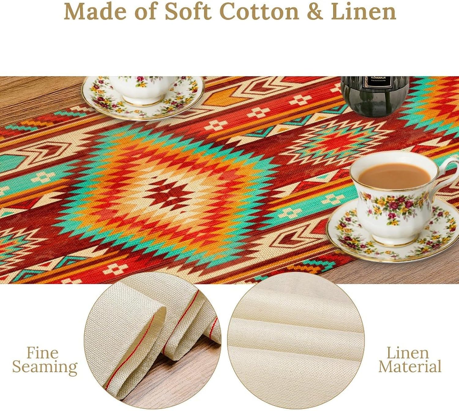 Aztec Southwest Table Runner,Ethnic Style Design Boho Geometric Pattern Printed Linen Table Runner for Home Kitchen