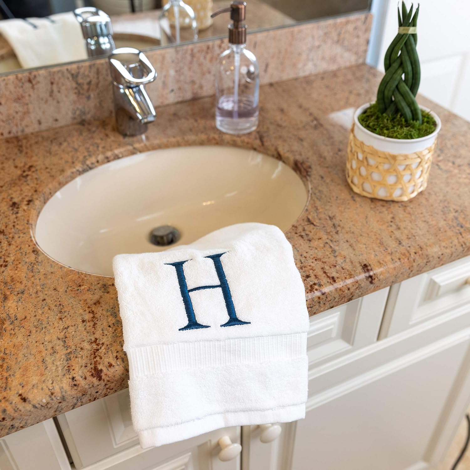 White with Navy Monogrammed Hand Towels for Bathroom - Set of 2 Letter H | Luxury Hotel Quality Initial Towels For