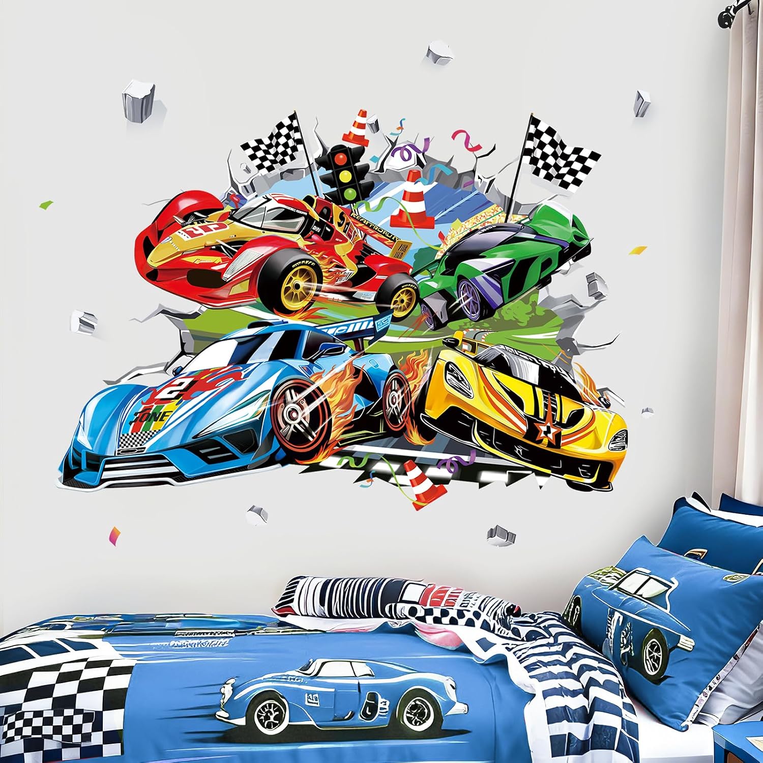 Large 3D Racing Car Wall Stickers Vehicles Break Through 4 Cars Peel and Stick Wall Art Decals