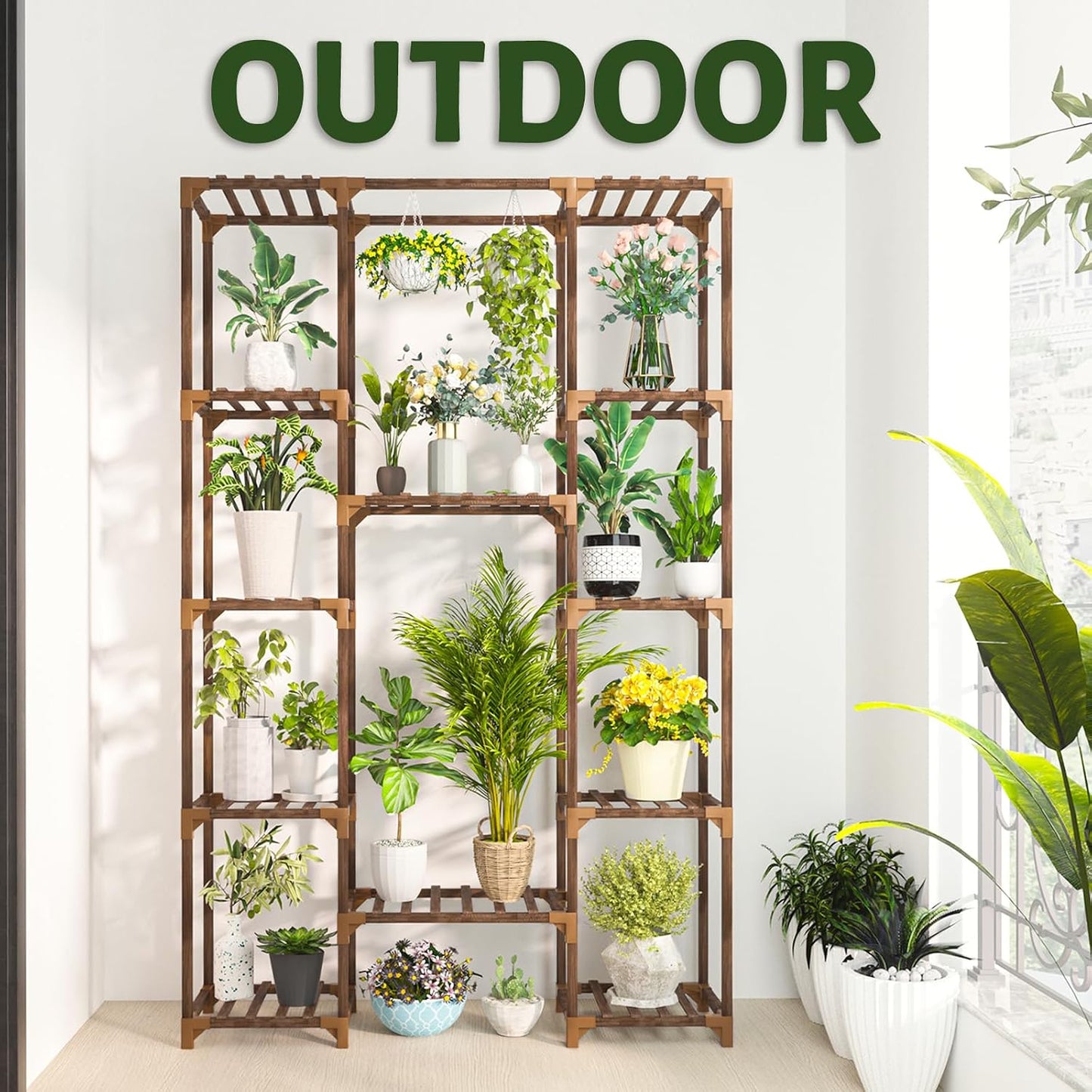 Plant Stand Indoor Outdoor, 12 Tiered Plant Shelf Wood Plant Rack | Tall Plant Holder for Multiple Plants, Large Ladder