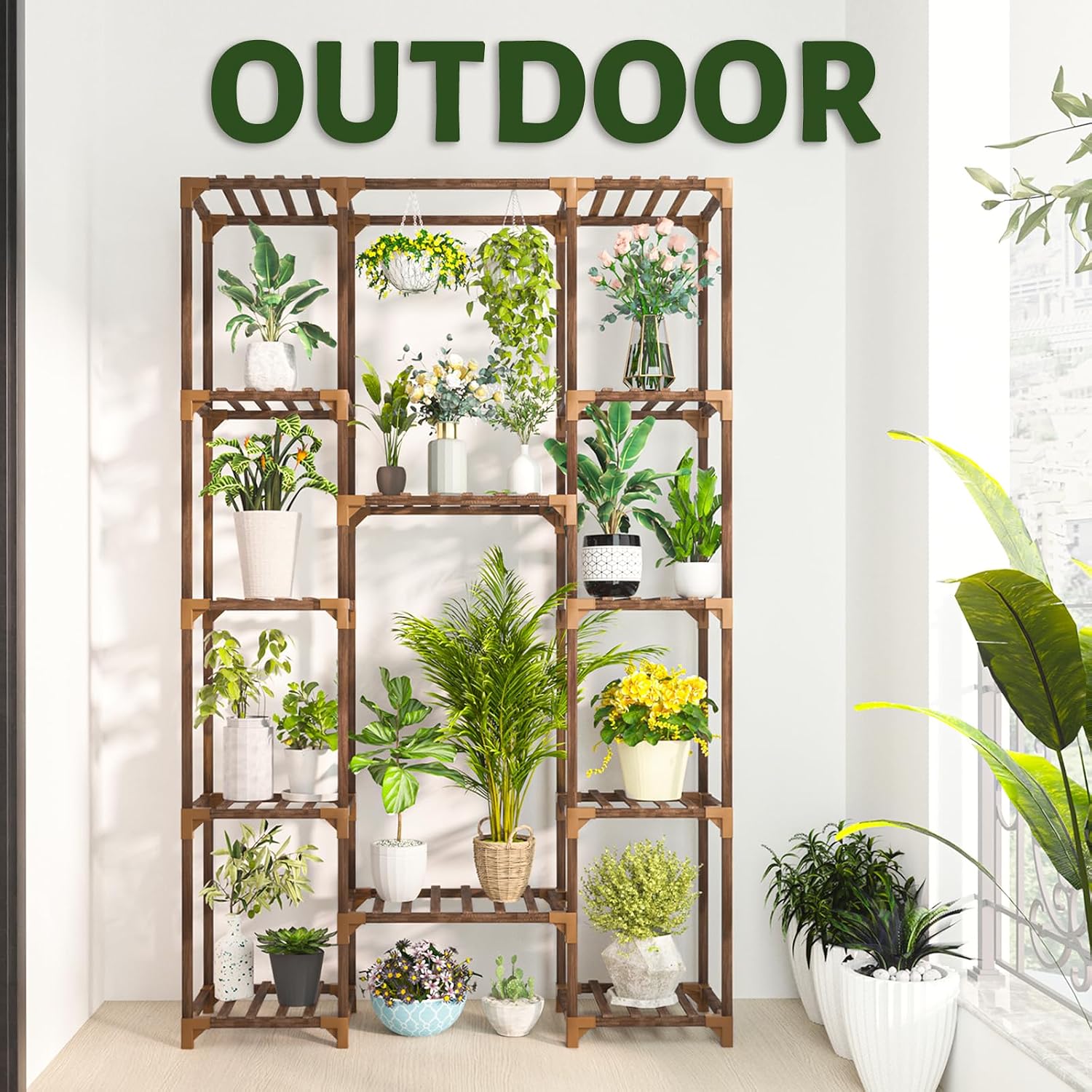 Plant Stand Indoor Outdoor, 12 Tiered Plant Shelf Wood Plant Rack | Tall Plant Holder for Multiple Plants, Large Ladder