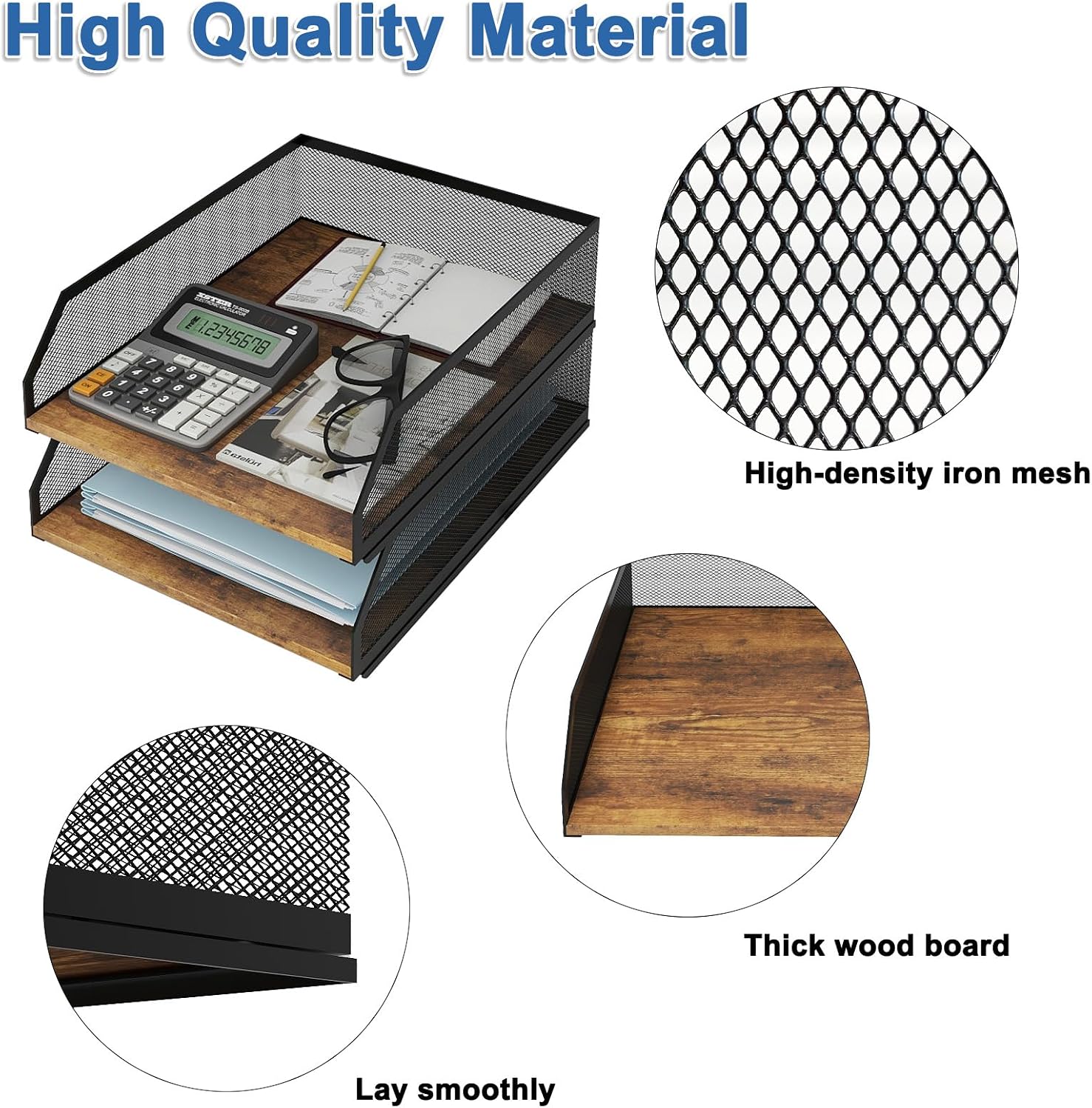 Natwind 2-Tier Stackable Metal Mesh Paper Organizer with Sliding Tray,Retro | Wooden Desk Organizer, Letter Tray For