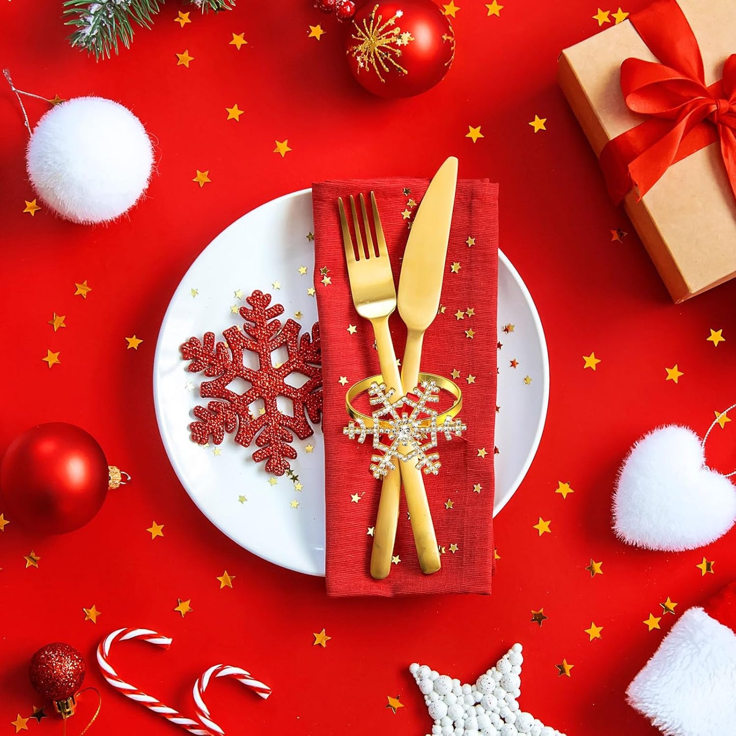 Patelai 100 Pieces 12 Pcs Snowflake Napkin Rings Rhinestone for Xmas,Gold | Christmas Thanksgiving Table Decor, Snow
