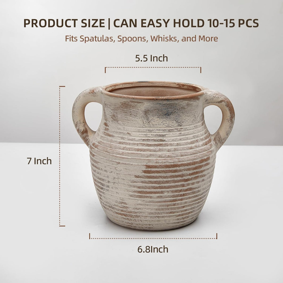 Rustic Utensil Holder for Kitchen Counter - Large Ceramic Farmhouse Cooking Utensil Crock & Organizer for Spatula