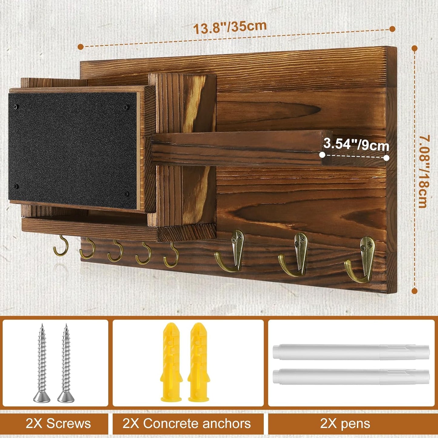 Easy Install Natural Wooden Key and Mail Holder / Brown