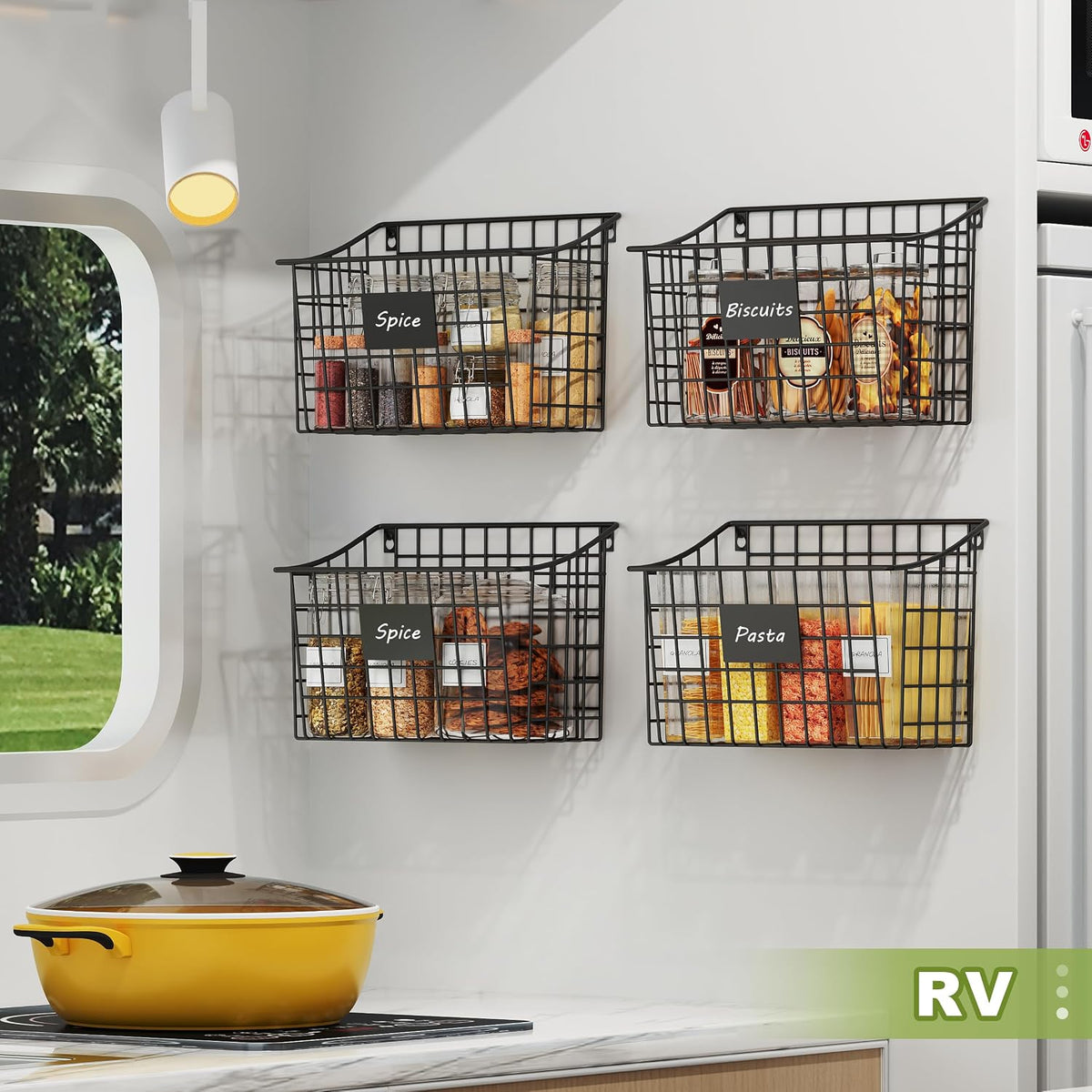 Wall Basket with Label Plate & 5 S-Hooks –4 Pack Hanging Wire Basket for Organizing, Wall Storage for Kitchen