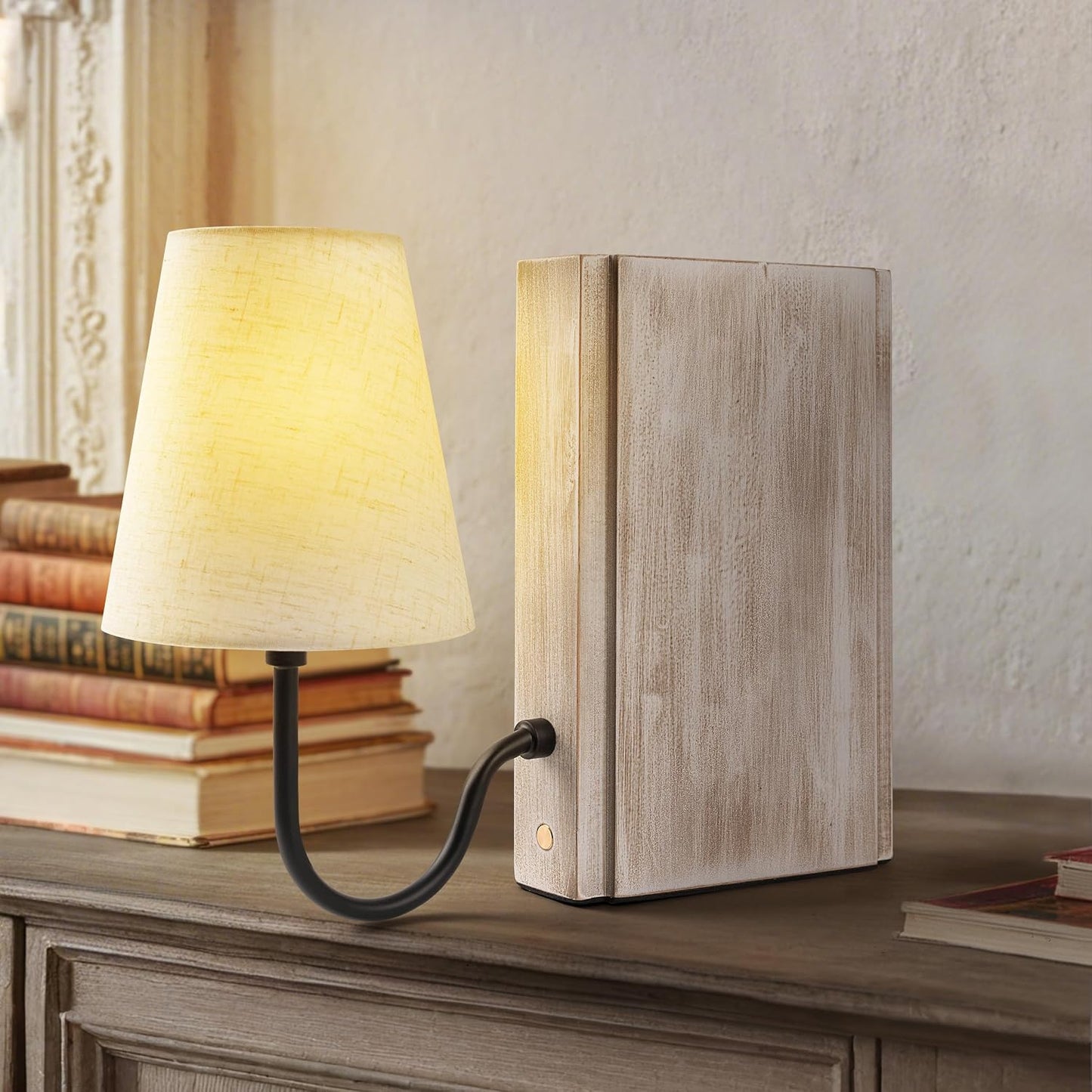 Solid Wood Bookshelf Lamp with Bulb, Cordless Rechargeable Touch Dimmable Table Lamp with Linen Fabric Shade, Modern
