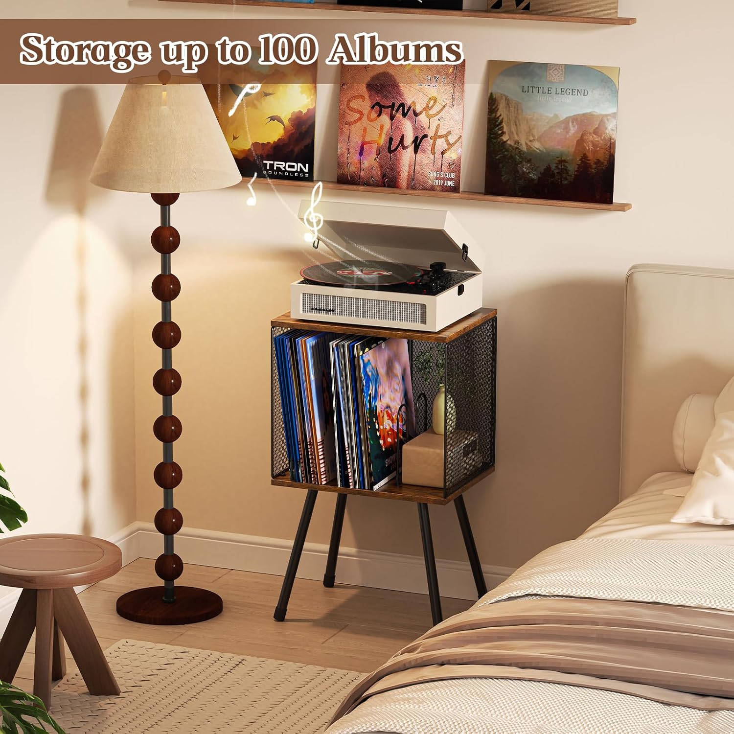 X-cosrack Record Player Stand with Storage up to 100 Albums, Retro Small Vinyl Record Holder - Adjustable Divider