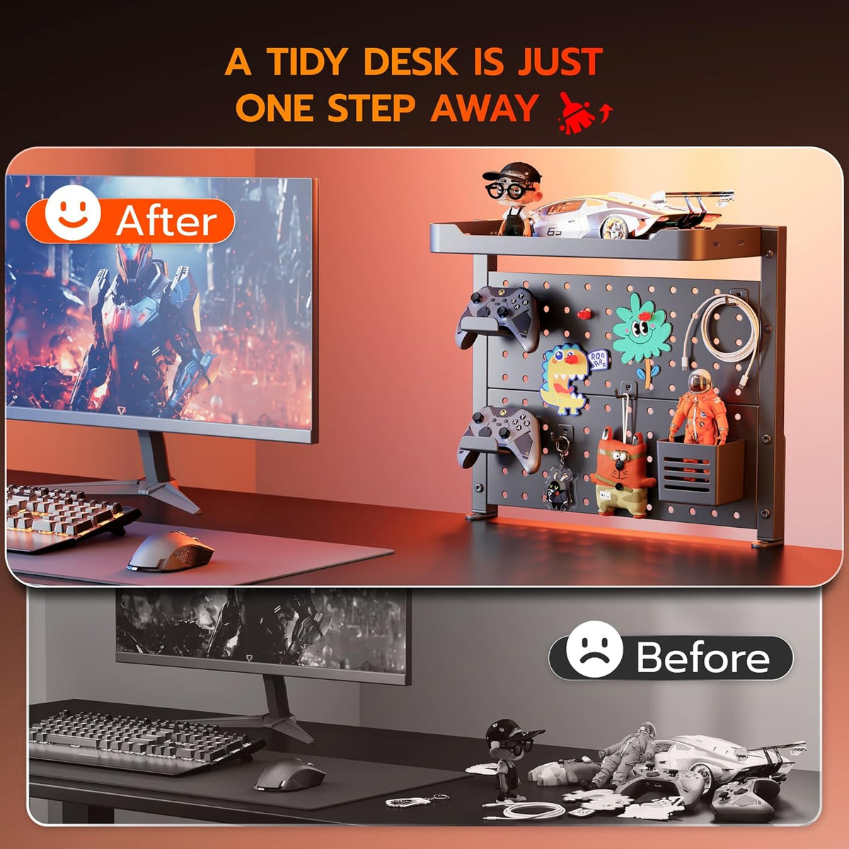 ARES WING Desk Clamp On Pegboard with 16 inches Organizer Shelf, Black | Adjustable Above or Under Desk Storage Shelf