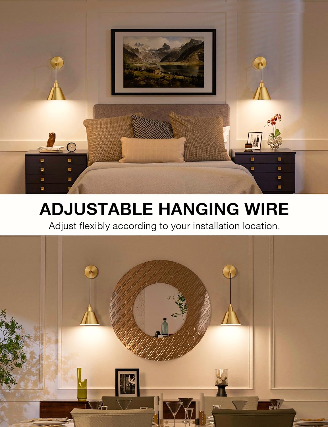Brushed Gold Battery Operated Wall Sconce Set of 2, 5200mAh Dimmable Detachable Bulbs and Remote Wireless Rechargeable