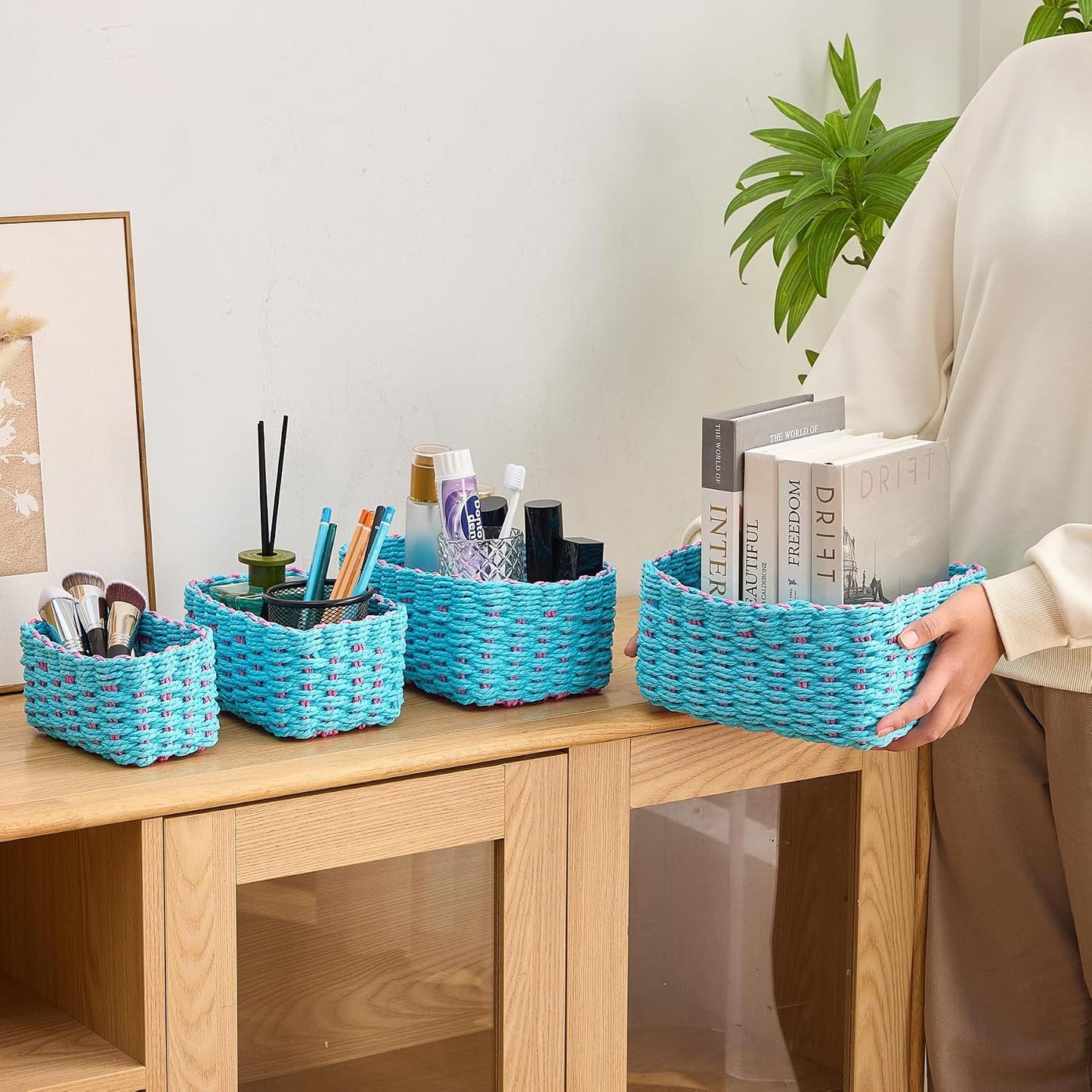 Woven Storage Baskets Set / Blue & Pink / Set of 4