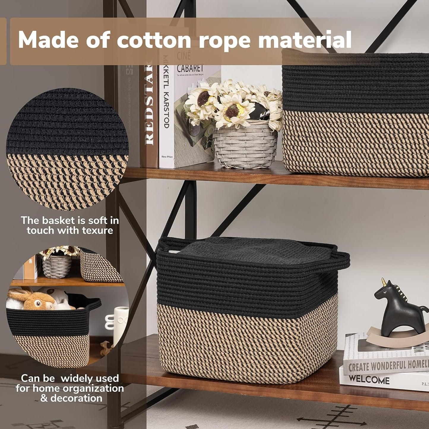 Closet Shelf Woven Baskets / Black / 13"L x 10"W x 9"H