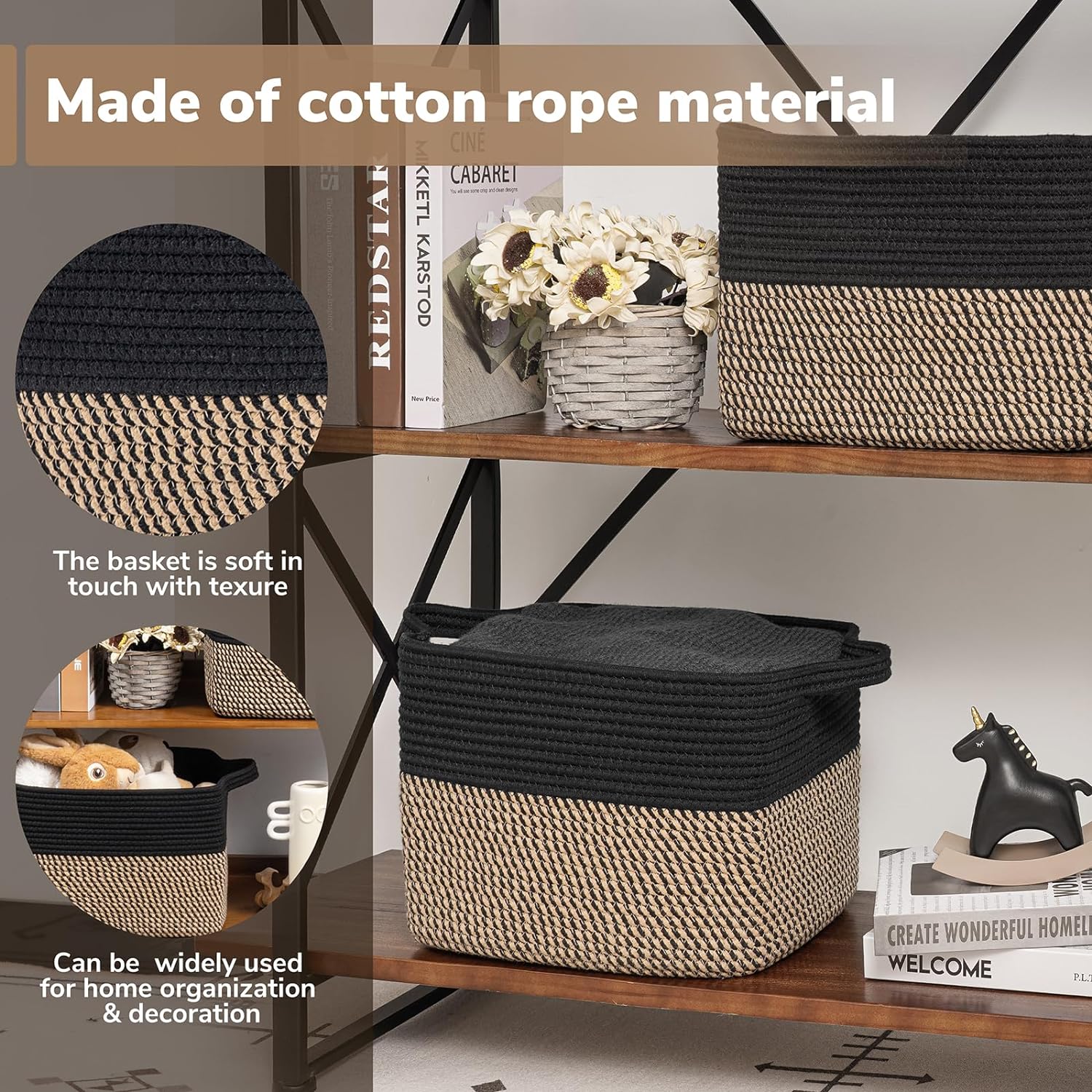 Closet Shelf Woven Baskets / Black / 13"L x 10"W x 9"H