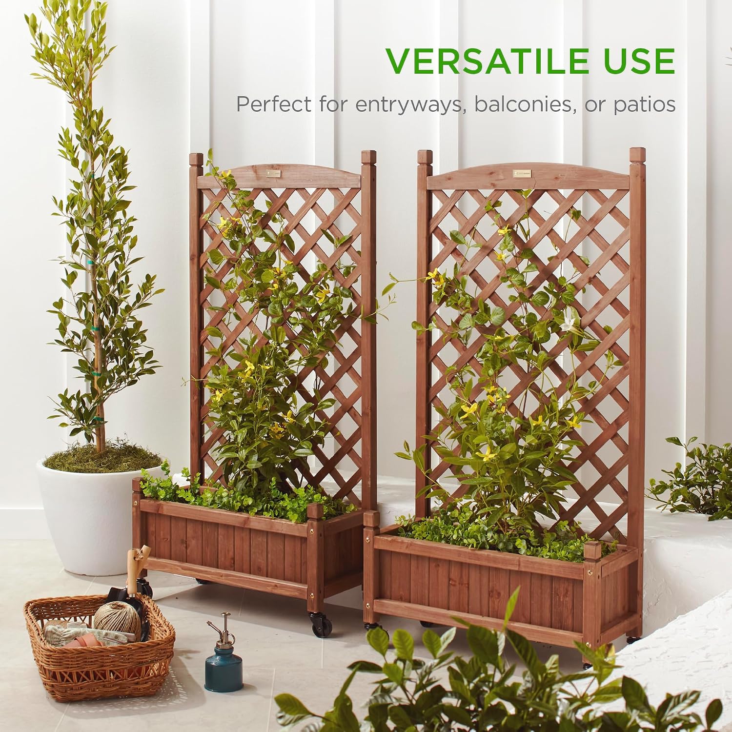 Best Choice Products Set of 2 48in Wood Planter Box & Diamond Lattice Trellis, Mobile Outdoor Raised Garden Bed for