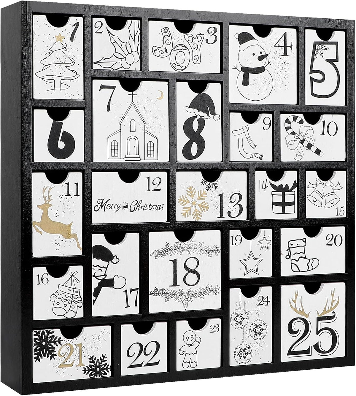 CCINEE Christmas Wooden Advent Calendar with 25 Large Drawers, Countdown to Christmas Decoration Large Size Xmas Countdown Calendar 2024 Hand Painted Refillable Advent for Holiday Decoration(Black)