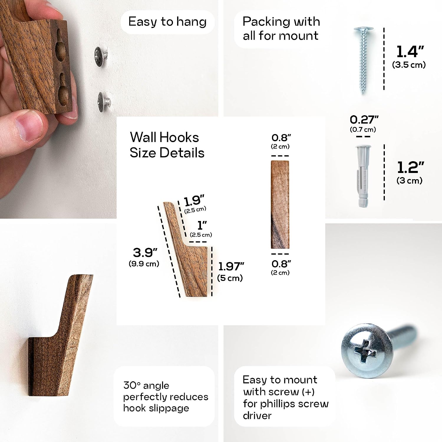 Dark Walnut or Light Ash Wood Coat Hooks for Hanging Hat / Walnut Wood / Set of 4