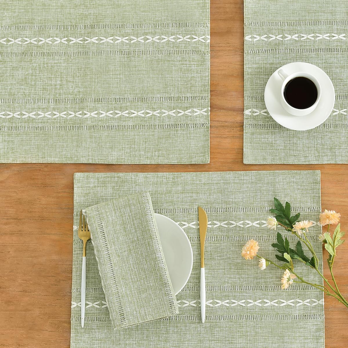 Wracra Cotton Linen Place Mats, Sage Green Embroidered Placemats Set of 8 | Placemats 12 x 18 Inch; Cotton Linen Woven