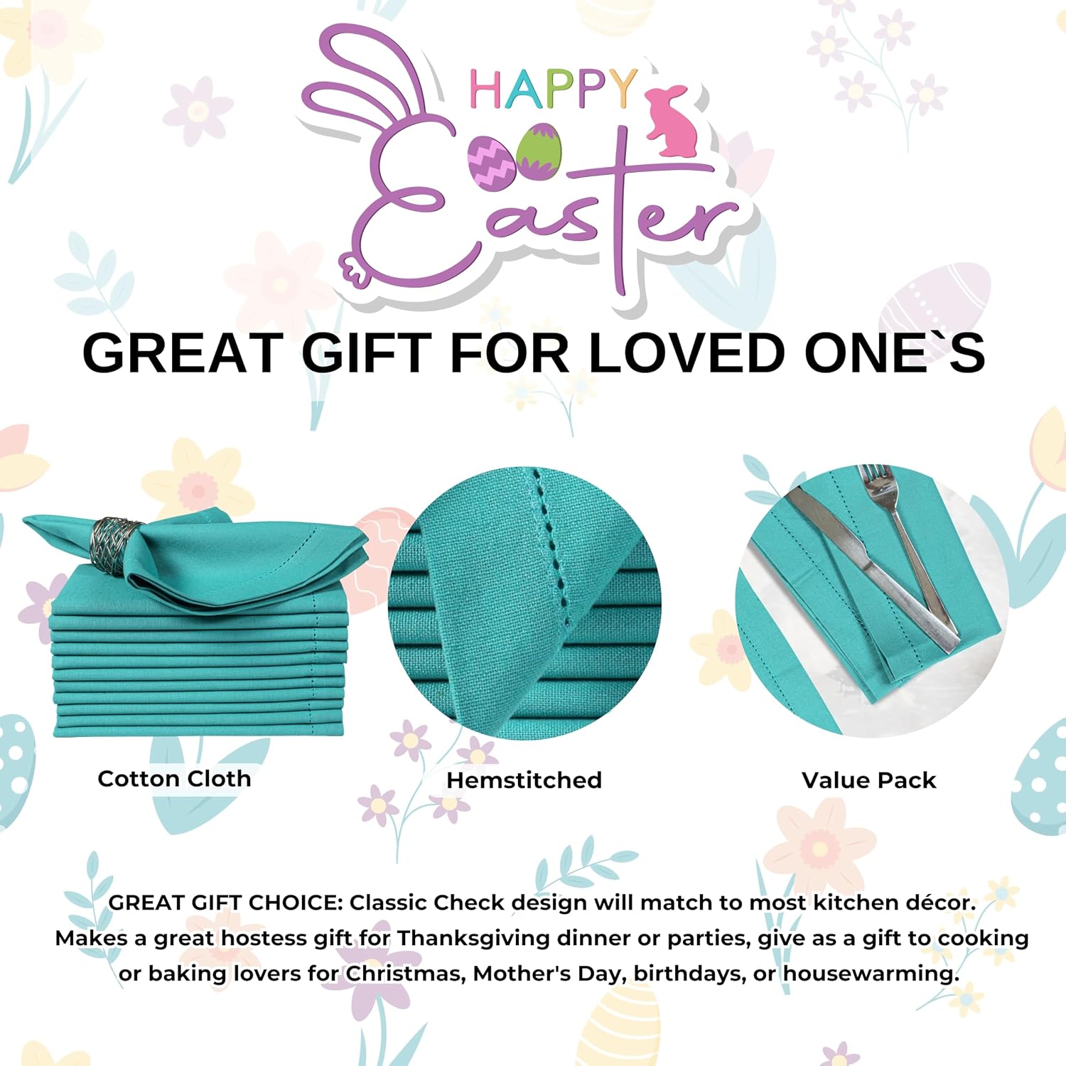 Bedding Craft Cotton Cloth Dinner Napkins Set of 12 – 18x18 Latigo Bay Teal with Hemstitched Mitered Corners – Machine