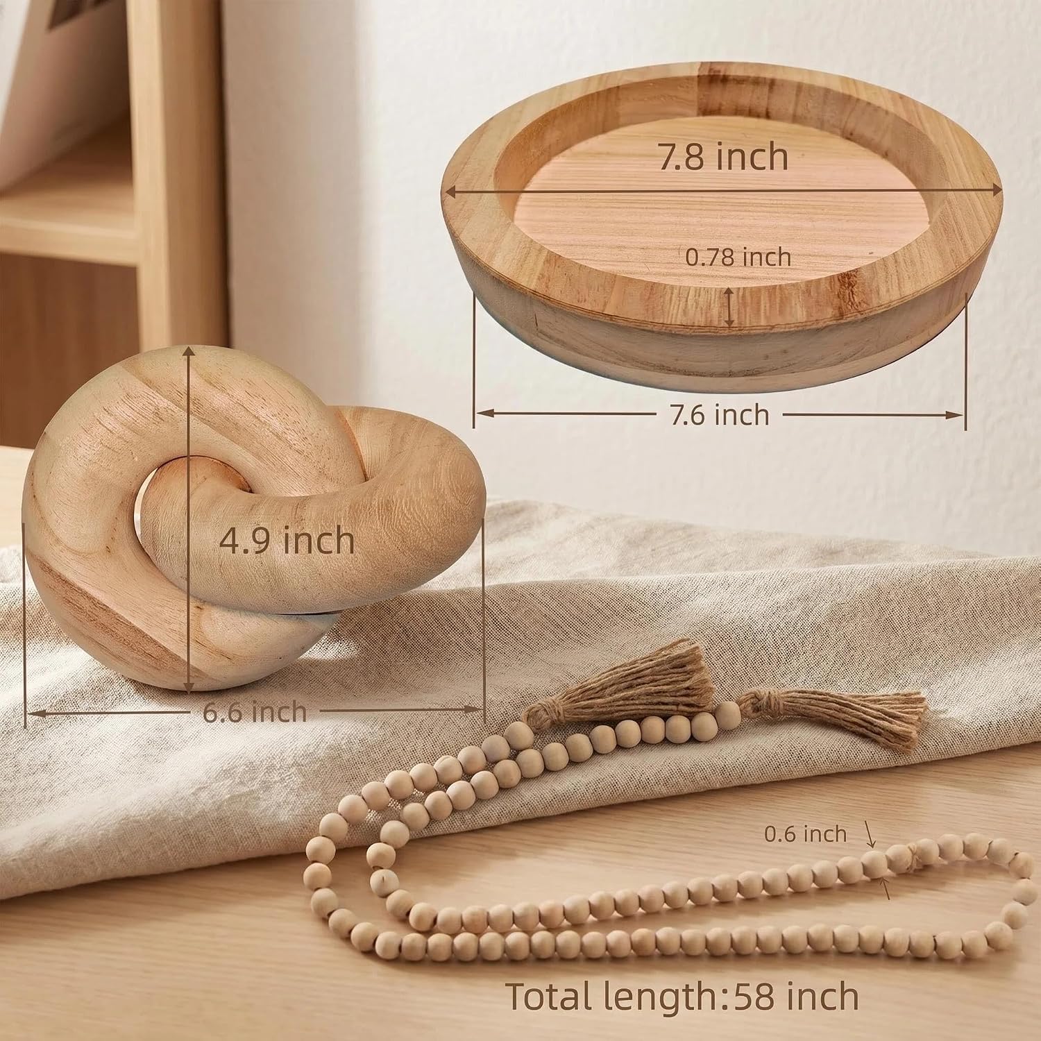 Wooden Tray / Wood Knot Decor & Wood Bead Garland / Set of 3