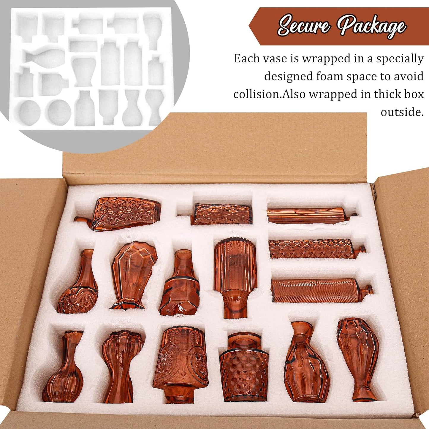 Bud Vases Set Small Vintage Glass Bottles Bud Vases in Bulk Multiple Shape / Dark Amber / Set of 36