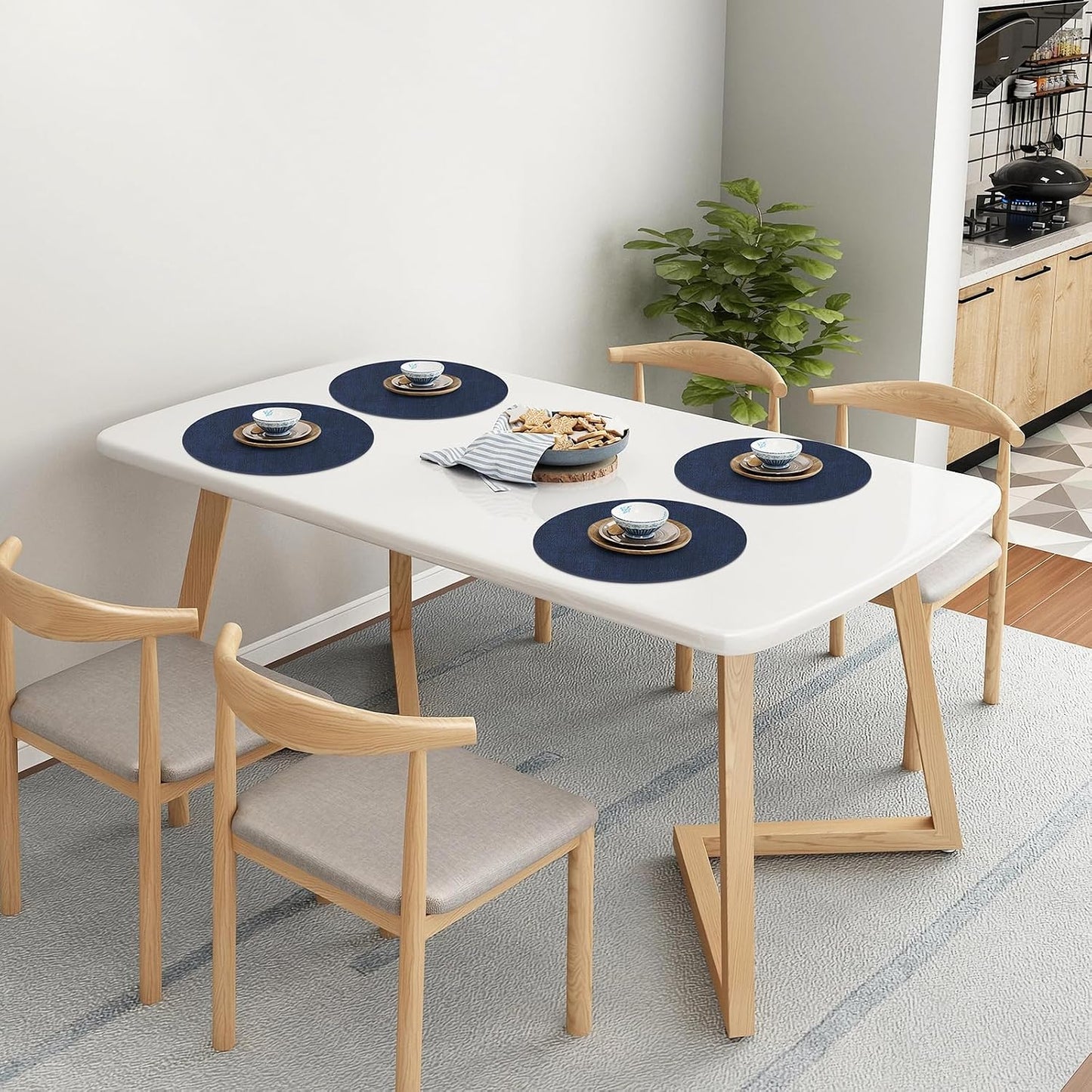 Homaxy Round Faux Leather Placemats and Coasters, Set of 8, Navy Blue | Washable Dual-side Table Mats, Wipeable Place