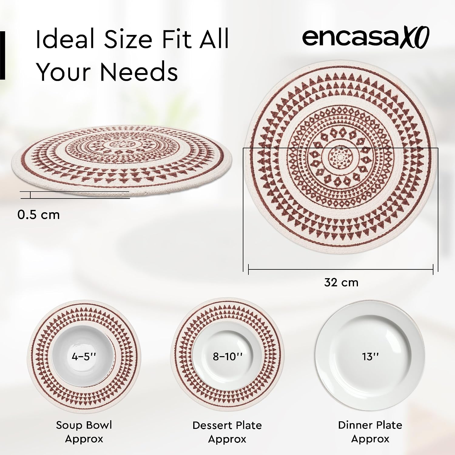 Encasa XO Dining Placemats, Cotton Round Table Mats 13" Maroon Mandala-3 Print