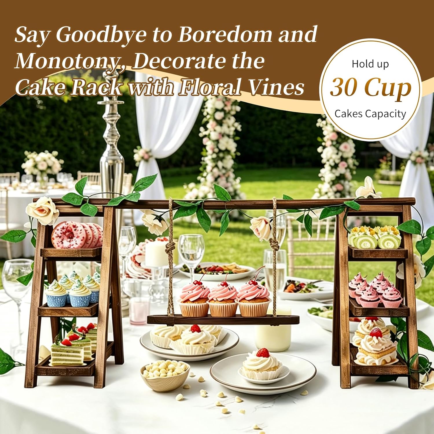 Large Wooden 3 Tier Swing Cupcake Stand / Brown