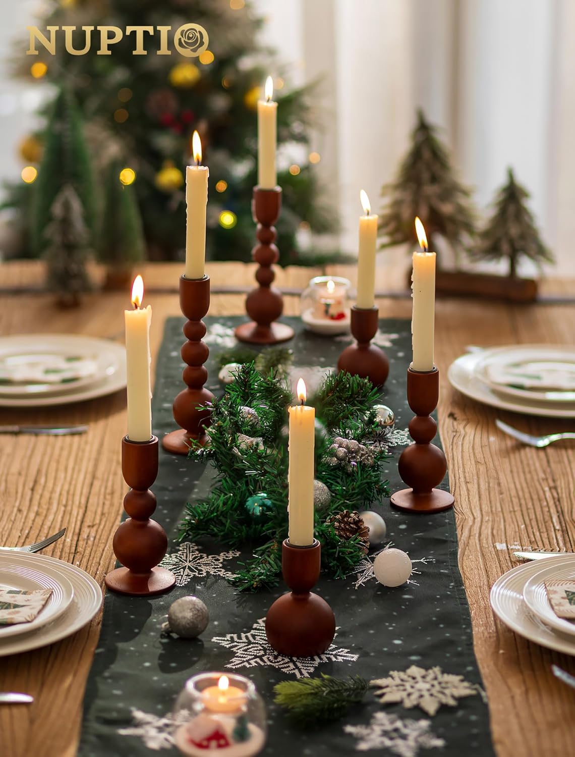 NUPTIO Wooden Taper Candle Holders, Set of 3 Brown Candlesticks | Natural Wood, MCM Design, Dining Table Centerpiece
