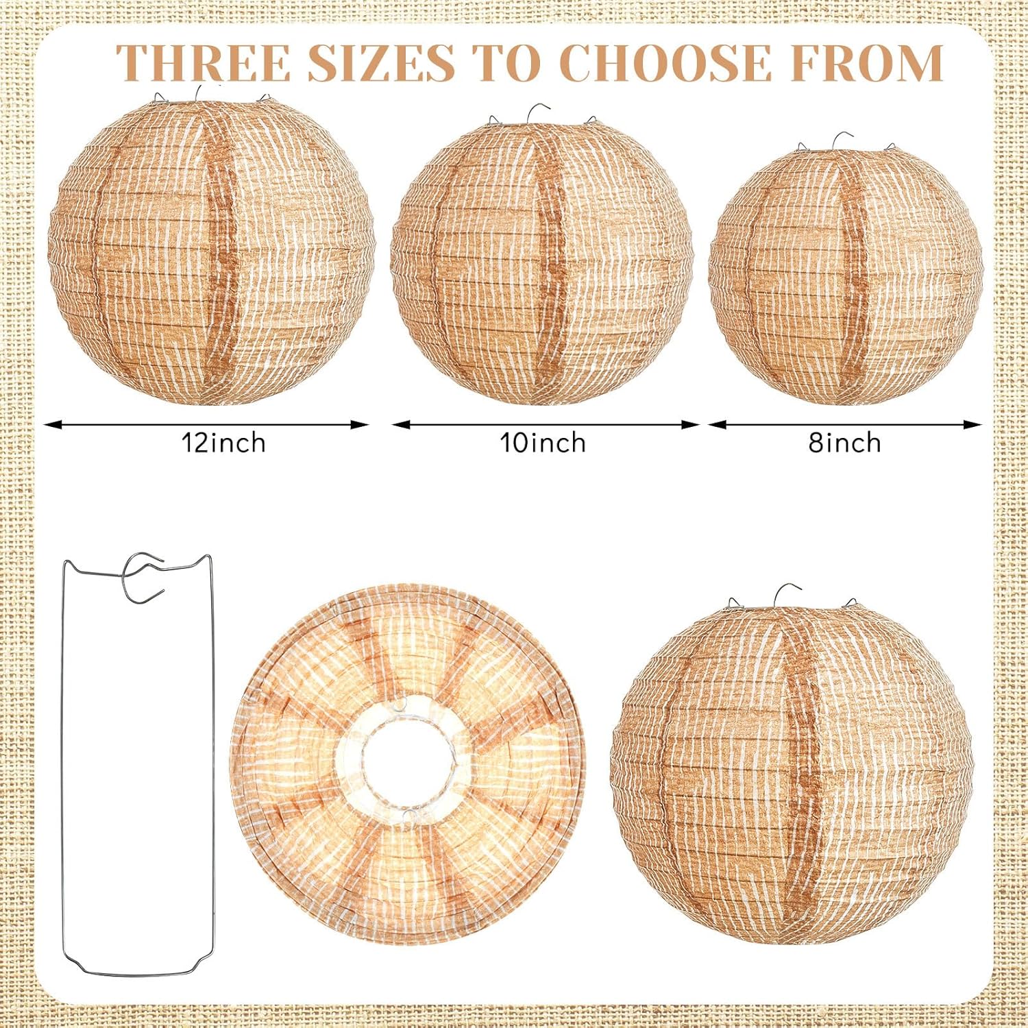 Print Burlap Paper Lanterns Round Chinese Paper Lanterns Farmhouse Boho / 8/10 Inch / Set of 6