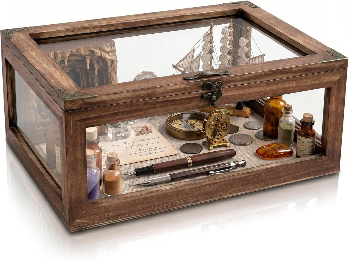 Glass Shadow Box Display Case 11x14, 6.2" Deep 5-Sided Glass Memory Box with Linen Backboard, Solid Wood Shadow Box