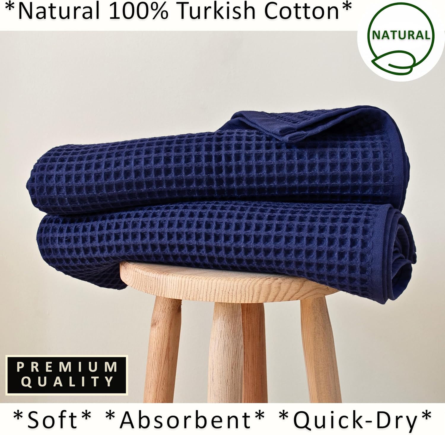 PÜSKÜL Natural 100% Turkish Cotton Waffle Bath Towels Set of 2, Extra-Large | Navy Blue, Oversize 32x63" Bath sheet
