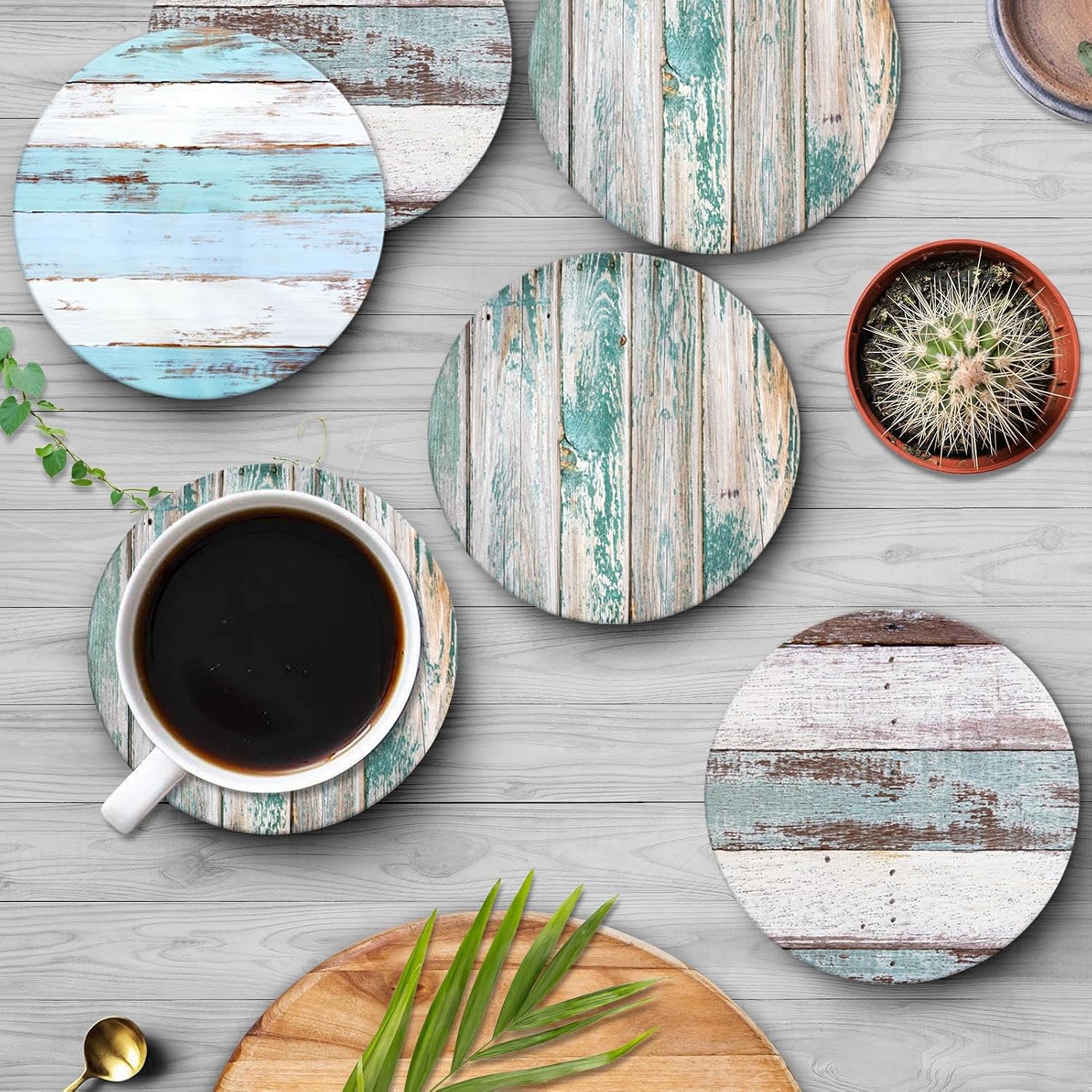 Wooden Board Blue Table Absorbent Round Ceramic Stone Mat / Wood 2 / Brown / Set of 6