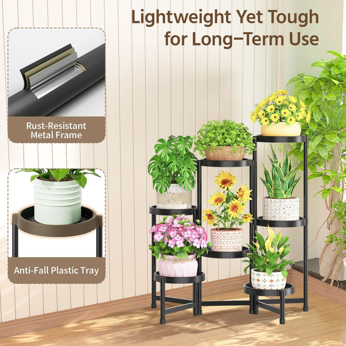 LASZOLA Plant Stand Indoor Outdoor Tall with Plastic Tray, 7 Tiers Black | Corner Folding Flower Display Rack, Modern