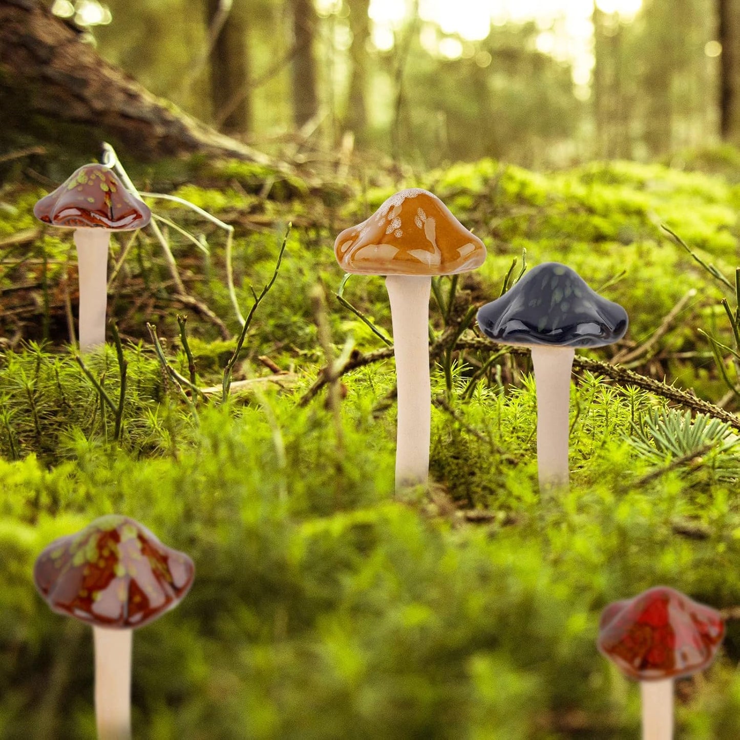 Ceramic Garden Mushrooms Figurine Decorative Plants Stakes Accessories Lawn / Blooming-1 / Set of 8