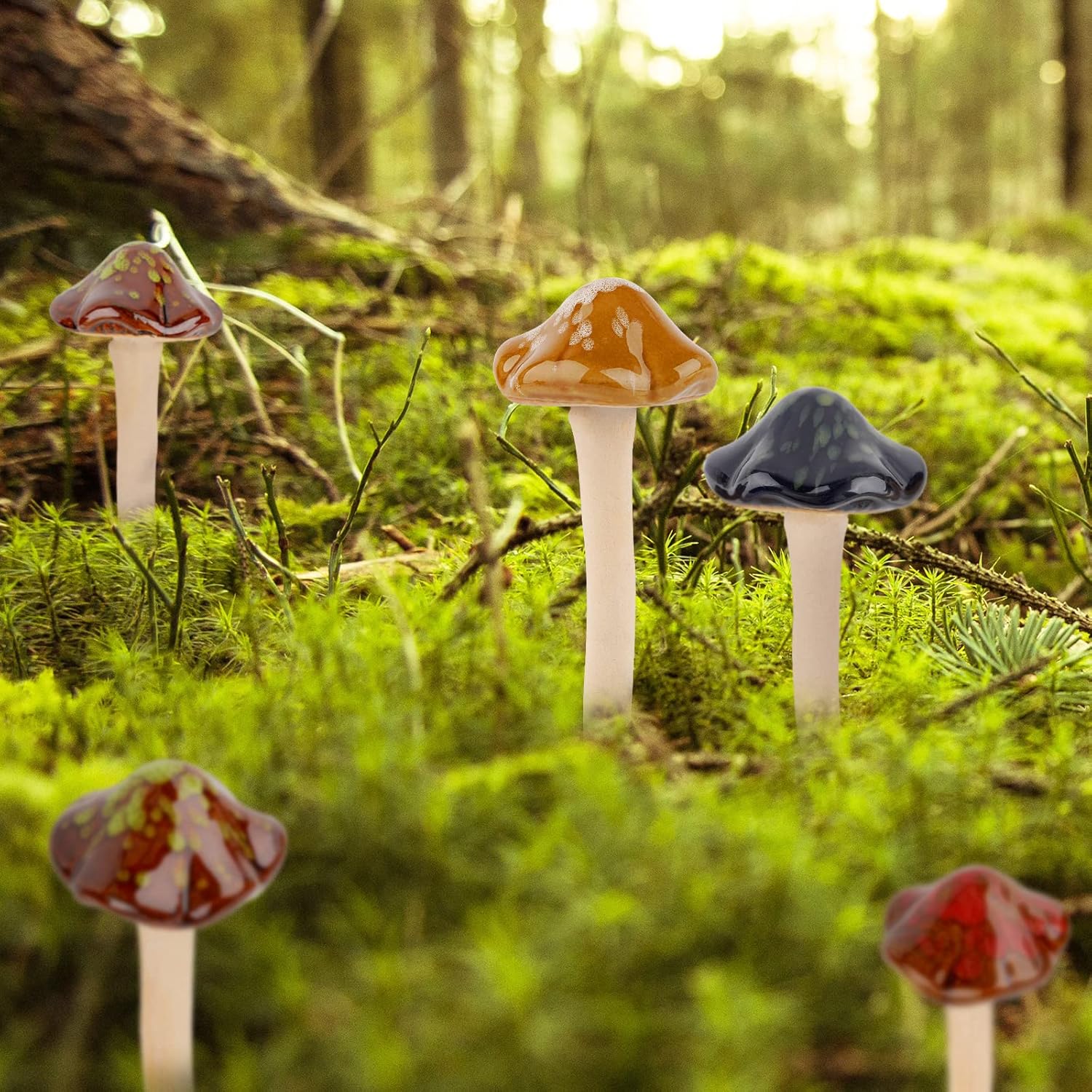 Ceramic Garden Mushrooms Figurine Decorative Plants Stakes Accessories Lawn / Blooming-1 / Set of 8