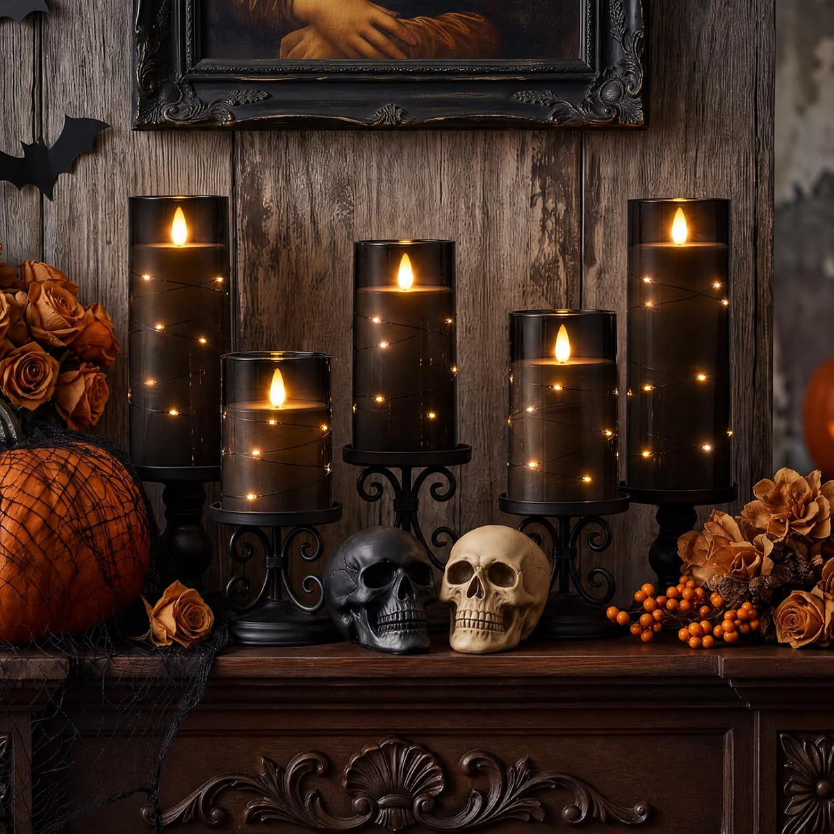 Homemory Halloween Flameless Candles, Black LED Pillar Candles with Remote | Acrylic Flickering Battery Operated