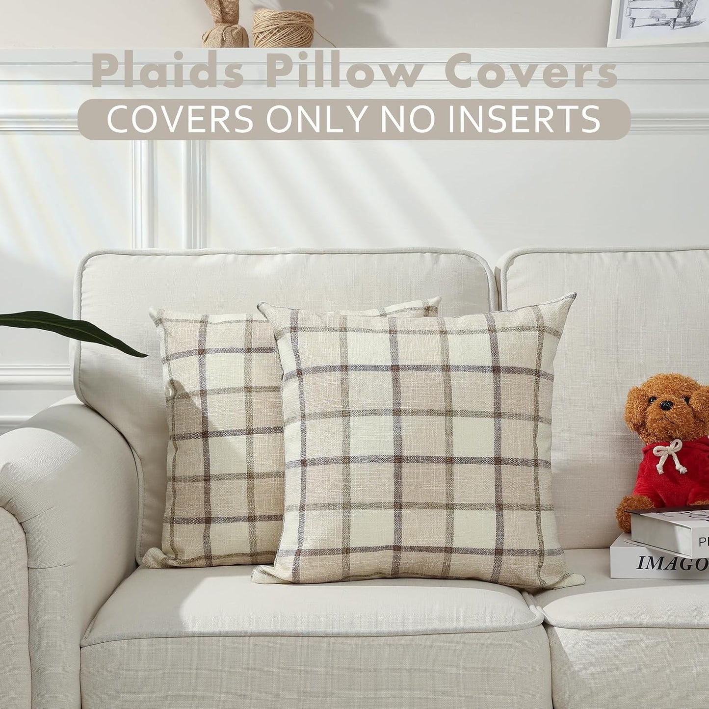 Fall Linen Buffalo Check Throw Pillow Covers / 18 x 18 / Check-beige / Set of 2