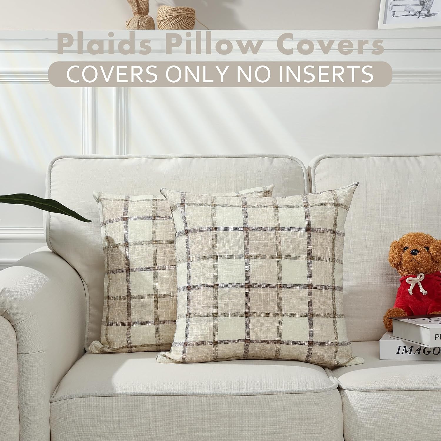 Fall Linen Buffalo Check Throw Pillow Covers / 18 x 18 / Check-beige / Set of 2