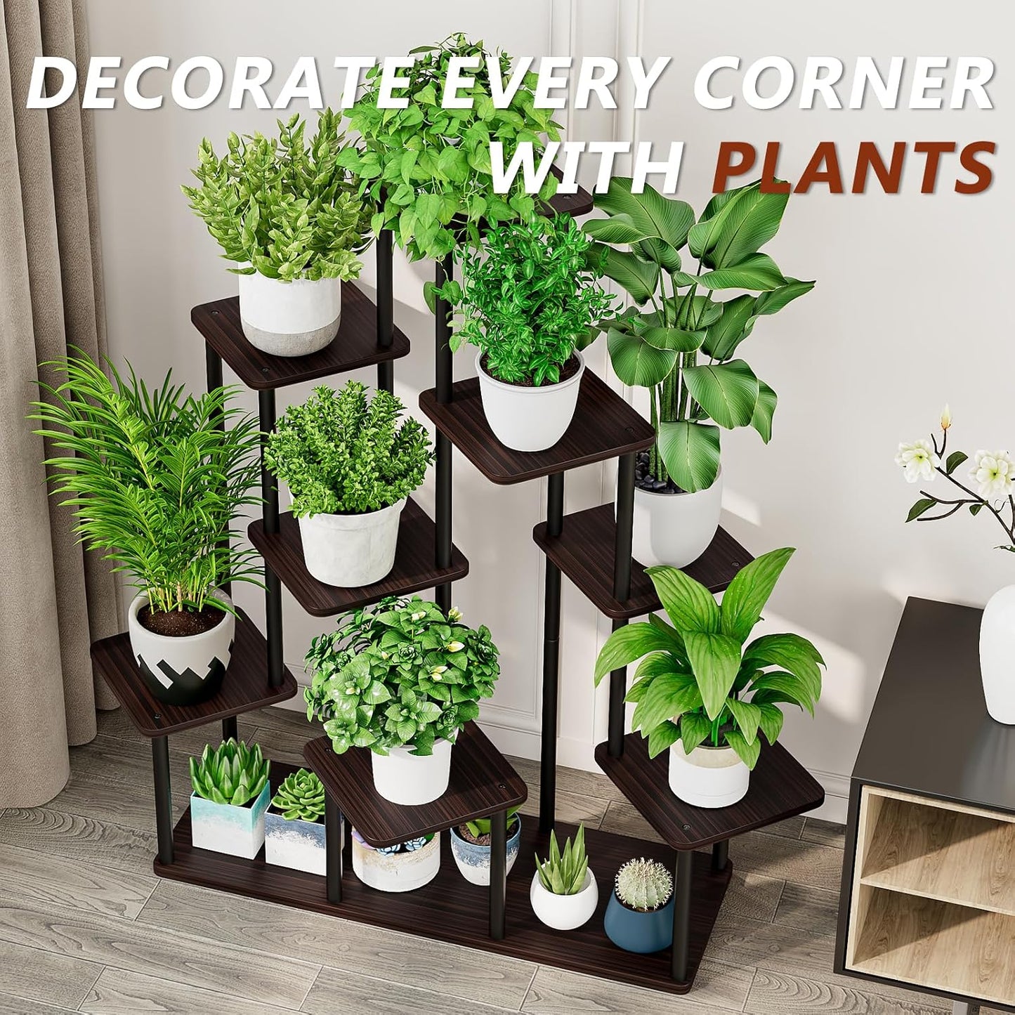 9 Tier Tall Plant Stand Indoor Corner Tiered Shelf Metal MDF Board | Sturdy Metal Frame,Space-saving Tiered Design
