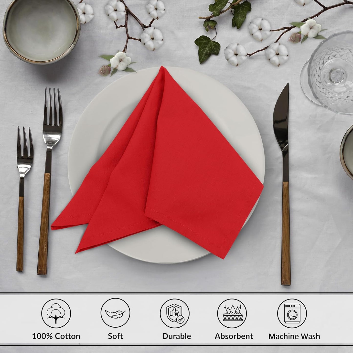 Ruvanti Cloth Napkins Set of 12, 100% Cotton 18”x18” - Flame Scarlet | Washable, Soft, Durable & Absorbent Everyday