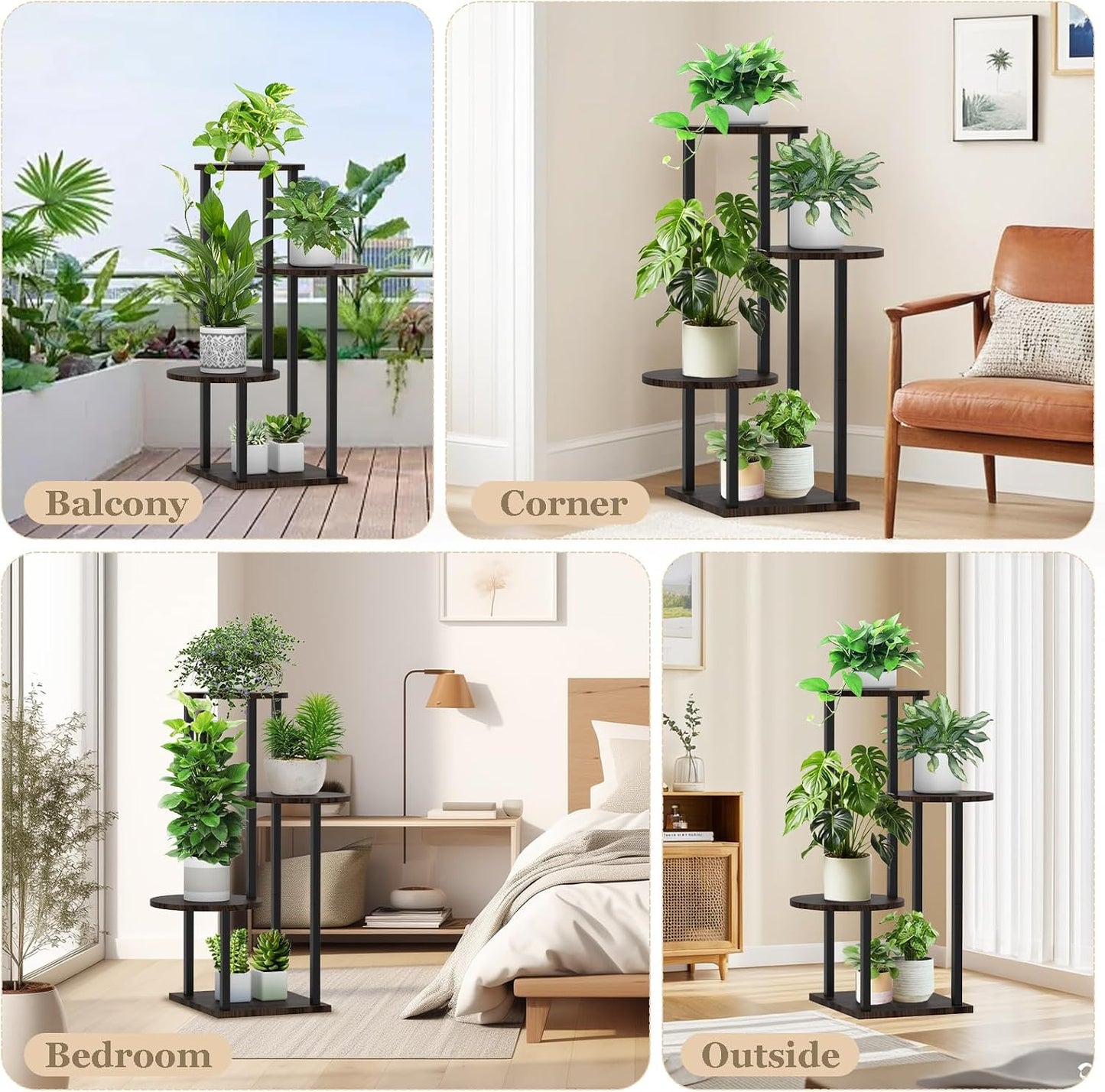 4 Tier Plant Stand Indoor, Metal Wooden Tall Plant Shelf Flower Pot Stand for Multiple Plants, Corner Flower Holder