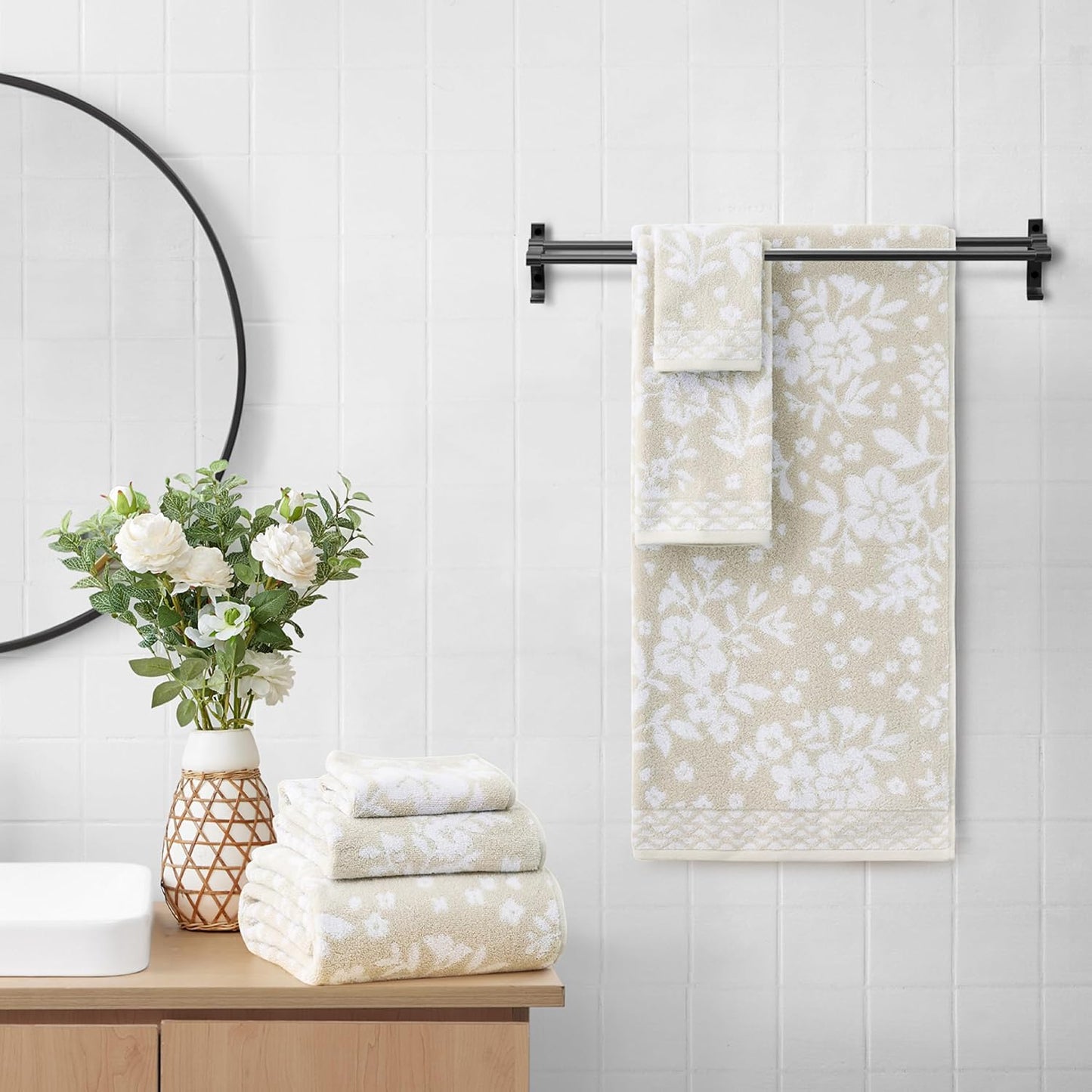 Lucky Brand Folk Floral 6 Piece Bath Towel Set - (2) Bath Towels, (2) Hand Towels, and (2) Washcloths - Beige Taupe