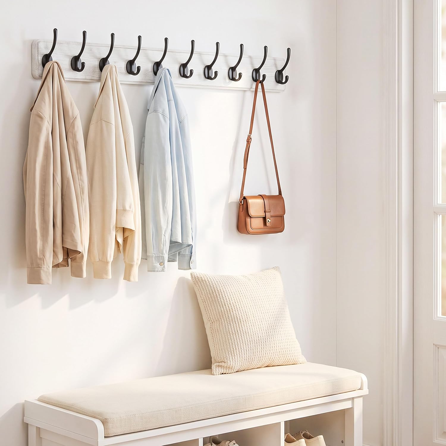 WEBI Coat Rack Wall Mount,10 Hooks,38 9/16" Long Coat Hooks Wall Mounted,16" Hole to Hole,Large Wood Coat Hanger