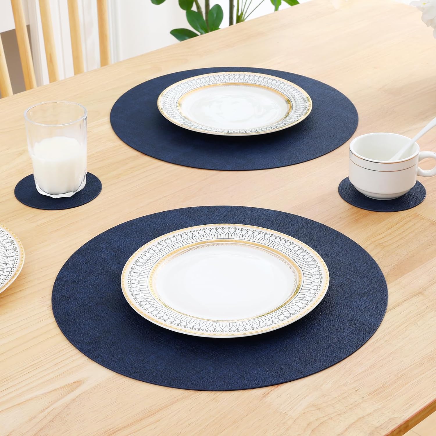 Homaxy Round Faux Leather Placemats and Coasters, Set of 6, Navy Blue | Washable Dual-side Table Mats, Wipeable Place