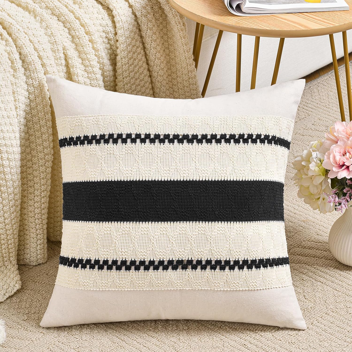 Boho Decorative Throw Pillow Cover / 18 x 18 / Black / Set of 2