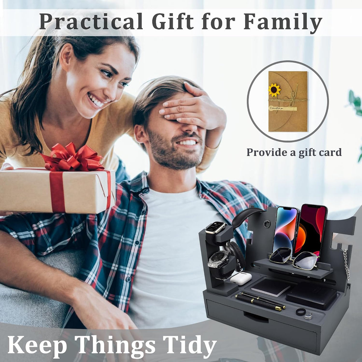 Nightstand Organizer for Men with Large Drawer, Wood Phone Docking Station for Phone, Apple Watch, Wallet & Keys, Ideal