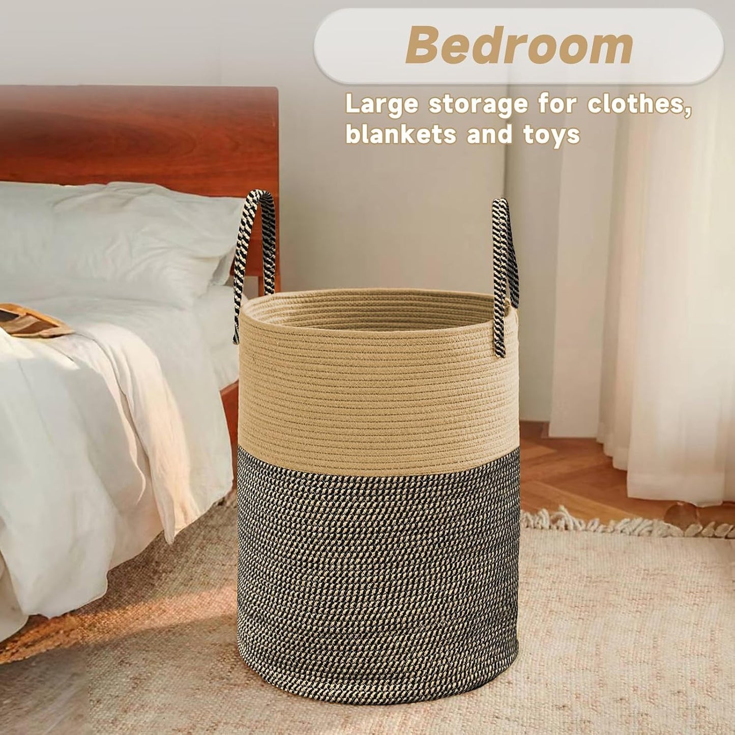 Large Woven Laundry Basket Hamper / Brown and Black / 60L