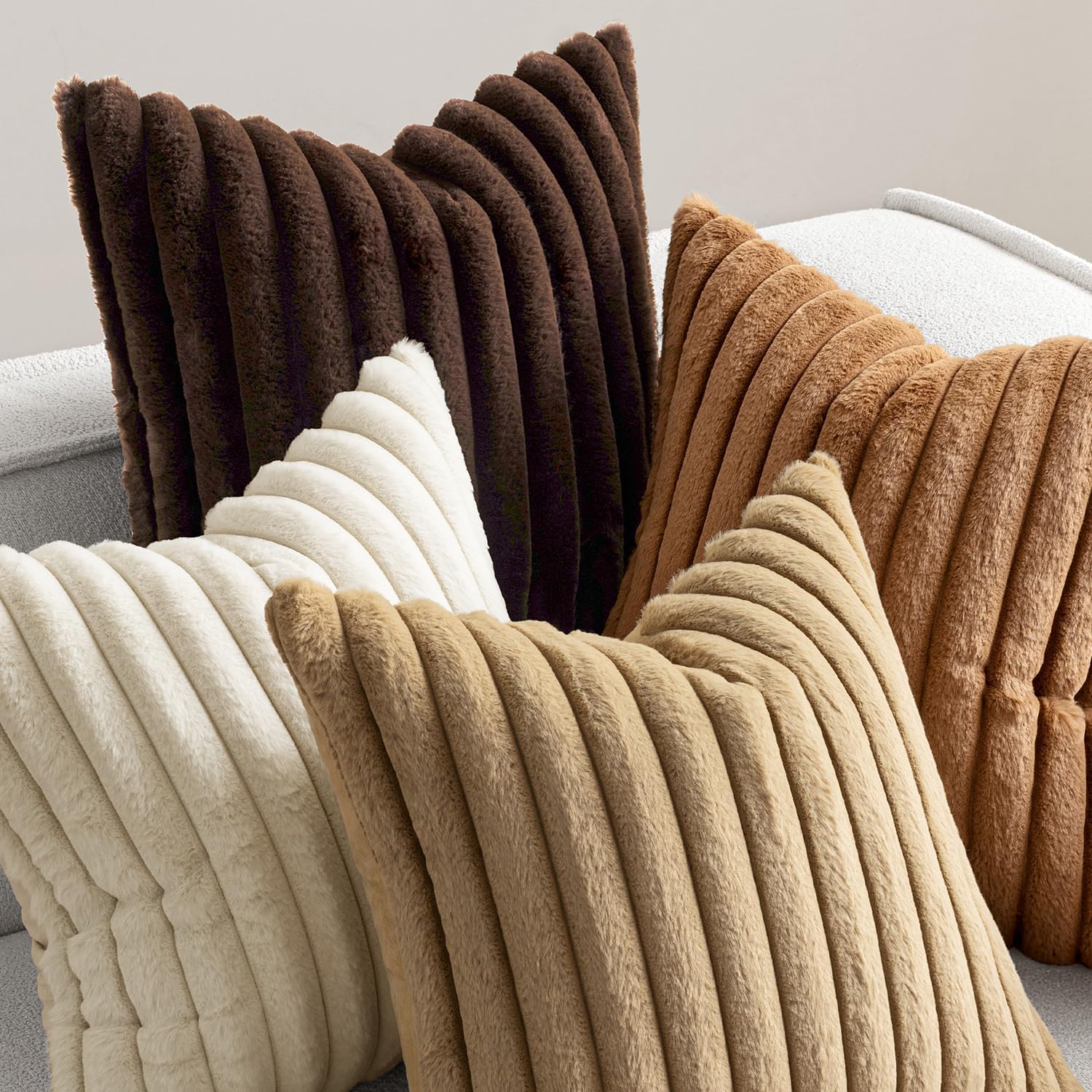 Faux Fur Plush Decorative Throw Pillow Covers / 18 x 18 / Brown / Set of 4