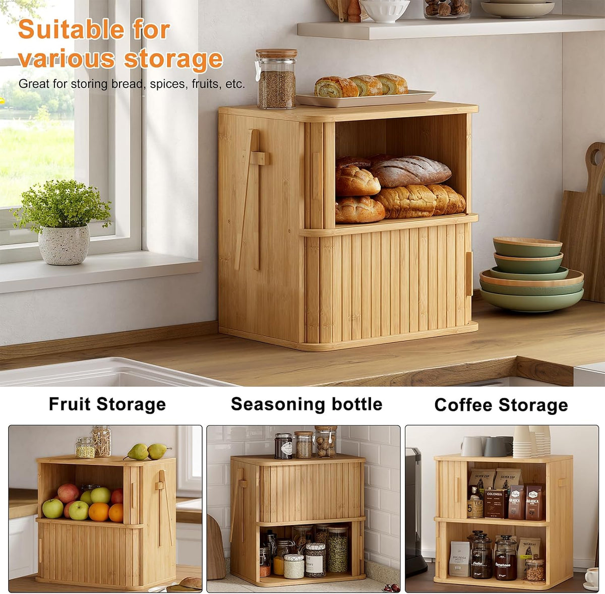 WOWLIVE 2-Tier Roll Top Bread Box for Kitchen Countertop Storage Cabinet | Double Layer Bamboo Bread Boxes with Sliding