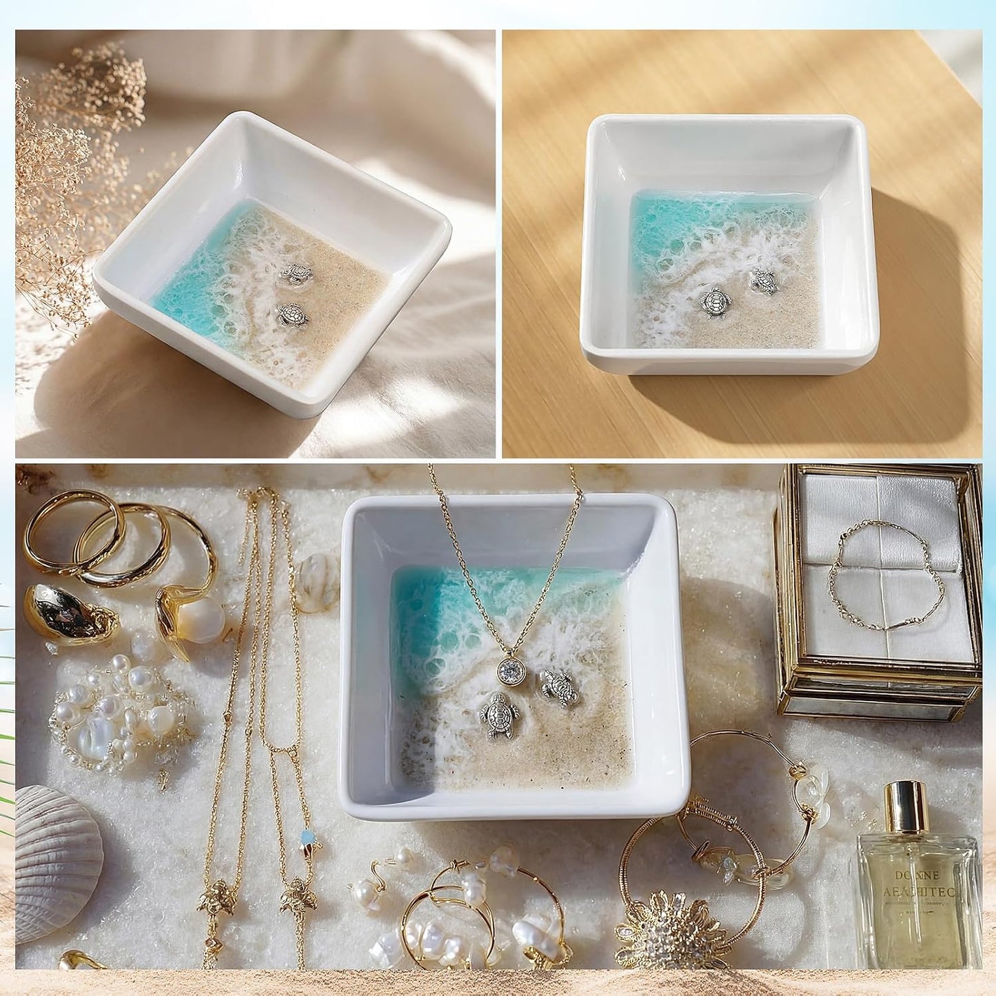 Handmade Ocean Resin Jewelry Tray Mini Turtle Square Ring Dish Jewelry Holder for Rings Earrings